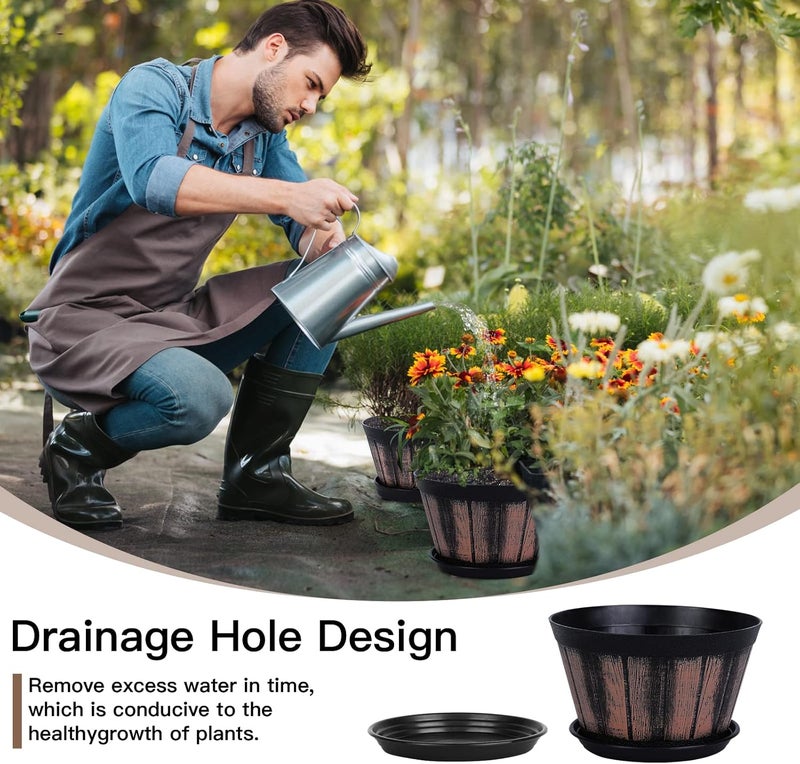 Quarut 8 inch Brown Plastic Whiskey Barrel Plant Pots Set of 4 with Drainage Holes and Saucer for Indoor and Outdoor Garden Home Plants - Image 4
